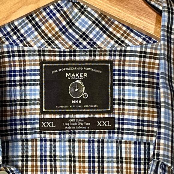 MAKER & COMPANY MMX Men's XXL Blue Brown Plaid Long Sleeve Button Up 100% Cotton - Picture 4 of 6